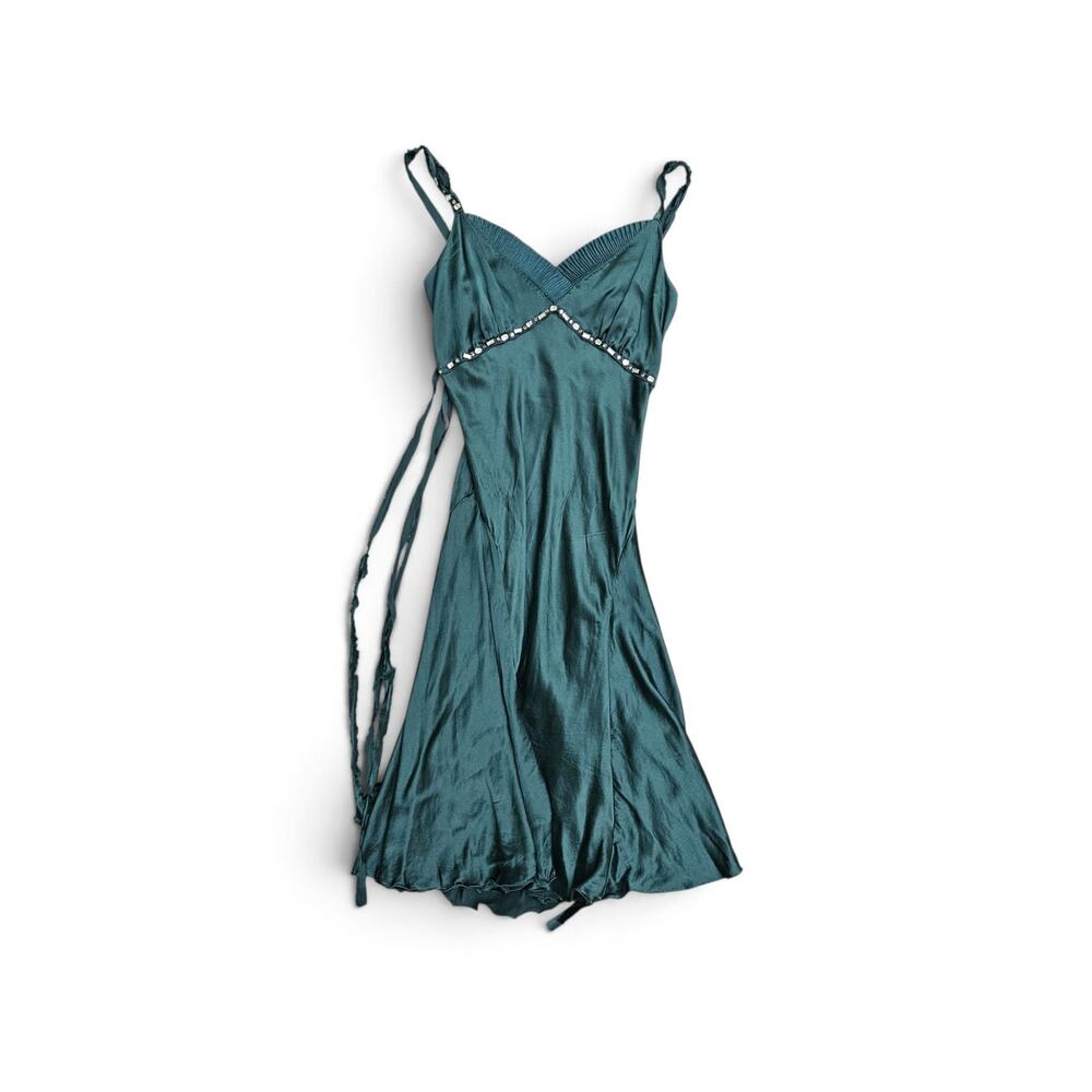 Y2k Euro Silk Emerald Green Midi Dress Rhinestone Detail Liu Jo - Size 40/XS